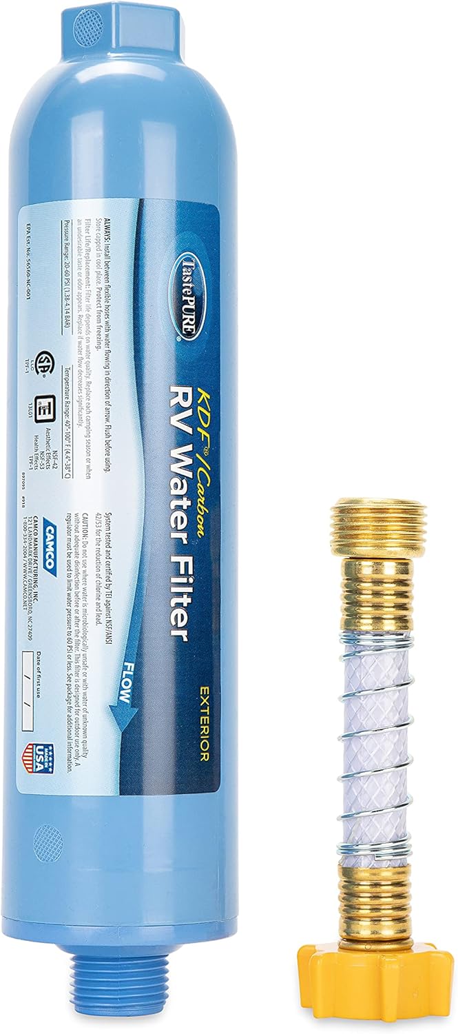 Camco 40043 TastePure RV/Marine Water Filter with Flexible Hose Protector | Protects Against Bacteria | Reduces Bad Taste, Odors, Chlorine and Sediment in Drinking Water: Automotive