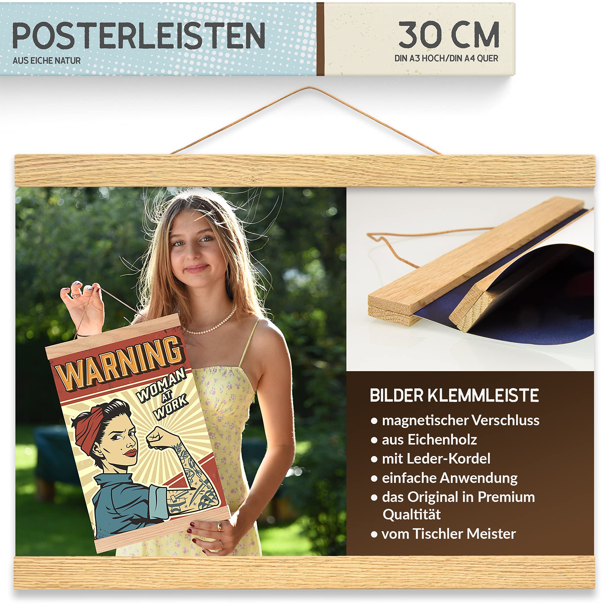 charlique® Wooden Poster Rail 30 cm | A3 | A4 - Magnetic Picture Rail in Oak for Easy Pictures Change - Premium Poster Rail in Carpenter's Quality