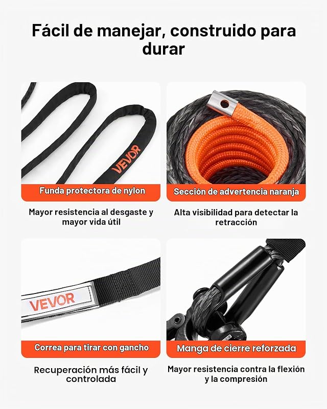 Cuerda de cabrestante de 9,5 mm x 30,5 m, cable sintético de resistencia a la rotura de 117,9 kN con funda protectora, gancho de cabrestante forjado, correa de tracción para SUV, vehículos todot