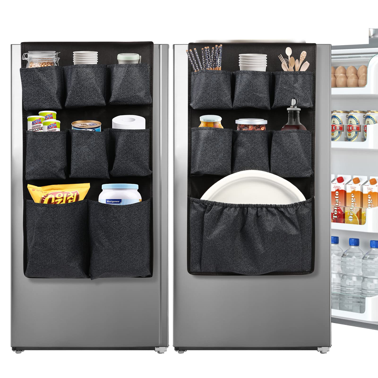 Photo 1 of Lafulling Mini Fridge Caddy Organizer Storage Bag, Over The Fridge Storage Organizer with 15 Extra Large Fabric Pockets for Plate, Silverware, Spice, Cutlery, Napkins, Other Daily Stuff (Black)