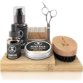 Striking Viking Beard Grooming Kit with Caddy - 7 Piece Set, Sandalwood | Softening Sandalwood Beard Oil &amp; Balm - Brush with Mustache Comb &amp; Scissors - Compact Caddy Organizer &amp; Gifts for Men