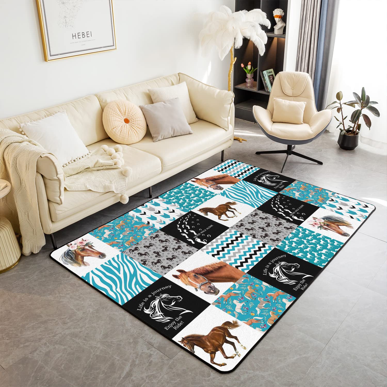 Loussiesd Horse Carpet Girls Floral Horse Area Rug for Kids Women Buffalo Check Geometric Farmhorse Rugs for Living Room Bedroom Blue Wild Animal Room Decor Floor Mat 100 * 150cm — image 1