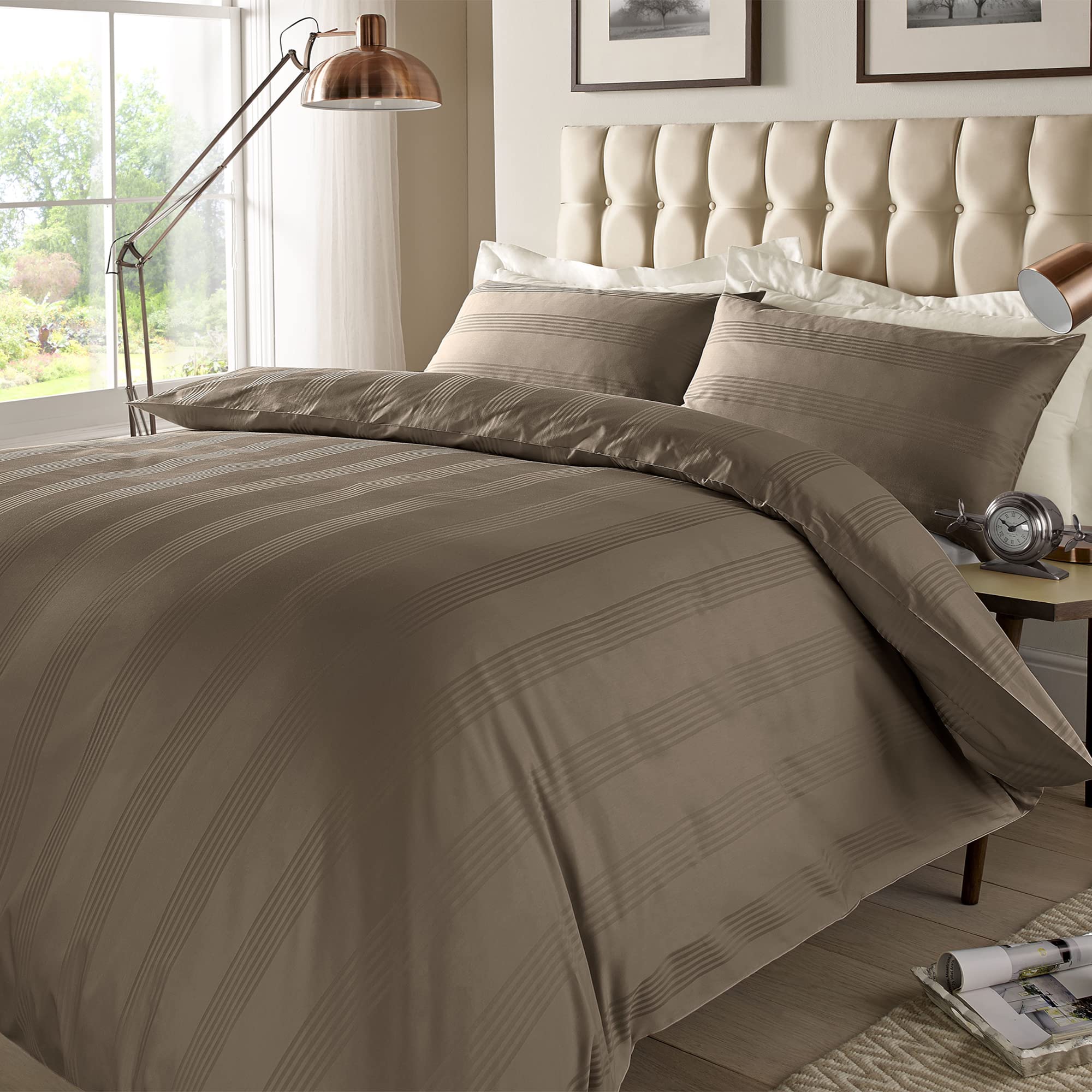 ED Luxury 400 Thread Count Duvet Cover Set | 100% Egyptian Cotton Soft & Comfortable Hotel Quality Satin Multi Stripe Bedding Set (Super King, Deep Taupe)