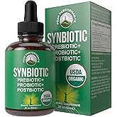 Organic Synbiotic = Prebiotics + Probiotics + Postbiotics 3-in-1 Supplement for Women, Men, & Kids. Pre, Pro, & Post Biotics Liquid Drops for Gut + Microbiome Balance. Made in USA, Vegan, Zero Sugar