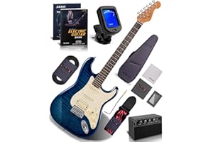 AKLOT Stryde Electric Guitar with Coil-Split: Roasted Maple Neck, Flame Maple Top, HSS Ceramic Pickups, Beginner Guitar Kit with 10W Amp, Gig Bag, Strap, Picks, Tuner, Lesson Book, Storm Blue