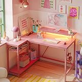 Bestier 106.5CM L shaped Desk with Power Outlets LED Lights Pink view 4