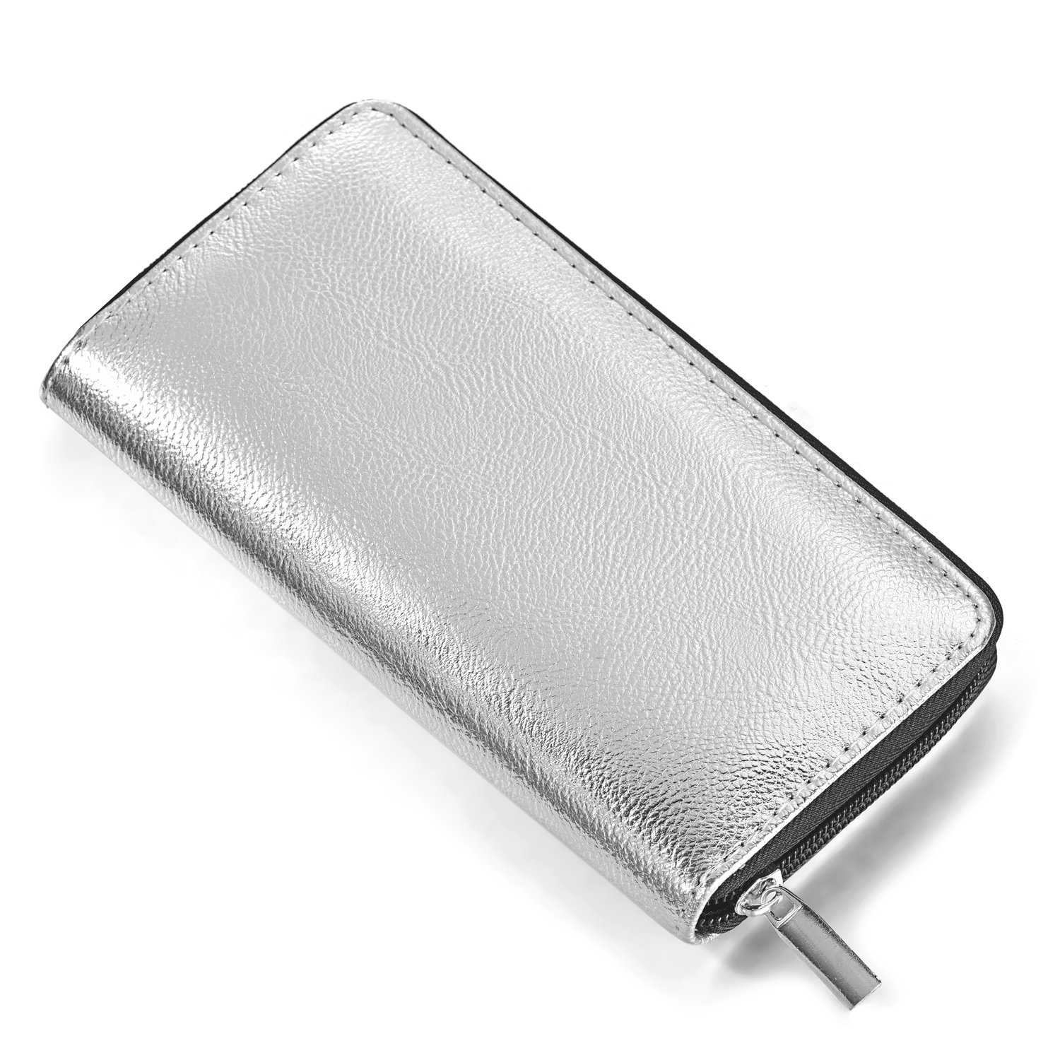 DonDon Ladies' Metallic Look Purse with Zip - Money Pouch Soft in Silver 7.87" x 3.94" x 0.98"