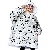 Giggling Getup Wearable Blanket Hoodie for Adults Gifts for Teen Girls Sister Women Sherpa Fleece Printed Hooded Blanket Sweatshirt Warm Cozy with Pocket & Sleeves Grey Panda