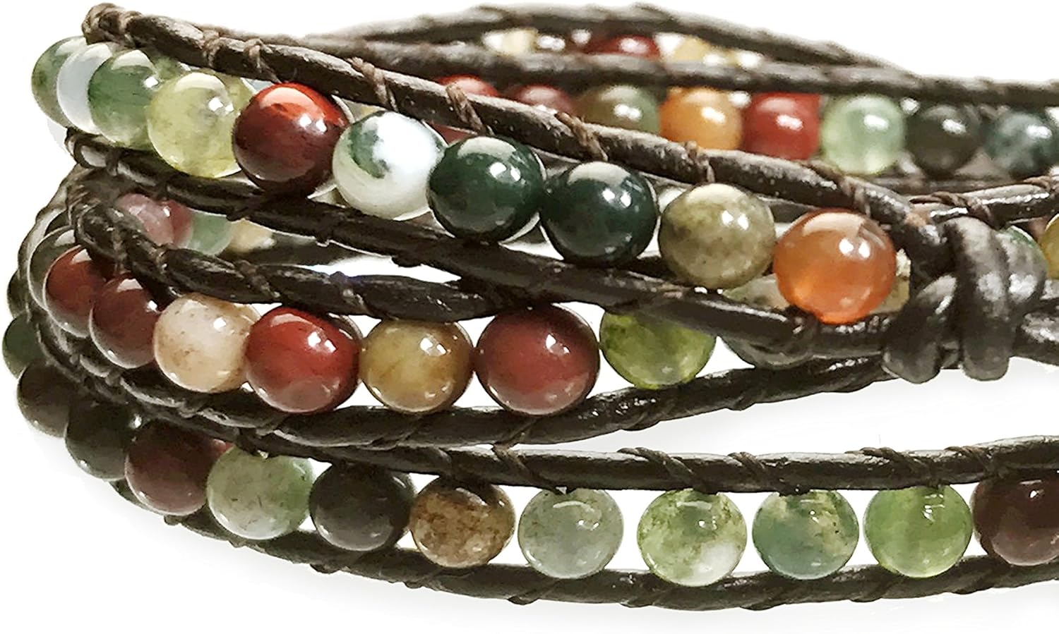 BLUEYES COLLECTION "Hot Mix Color India Agate Stainless Steel Snap Button Lock Genuine Leather Bracelet: Jewelry