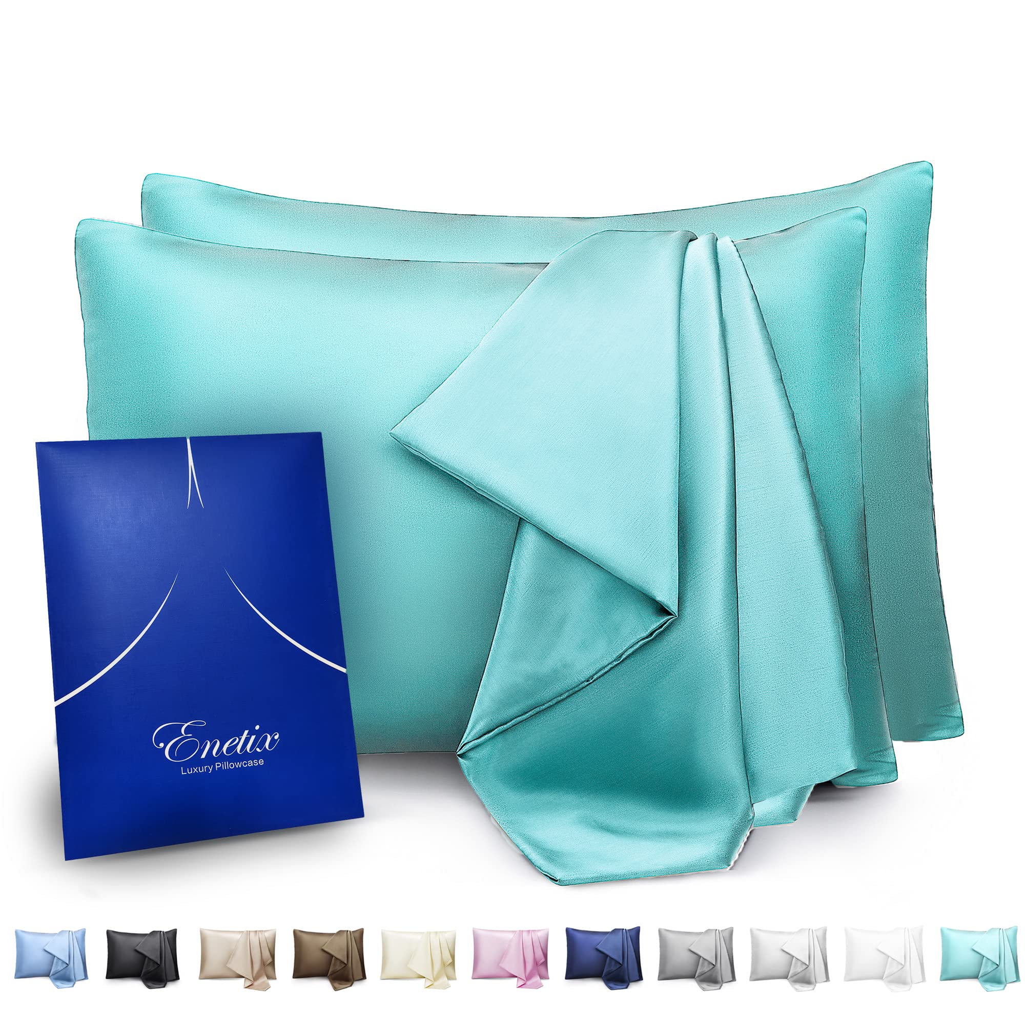 Enetix Silk Satin Pillowcase for Hair and Skin, 2-Pack with Gift Package, Acne Free Hidden Zipper Pillow Cover (Standard (50 x 75cm), Turquoise)