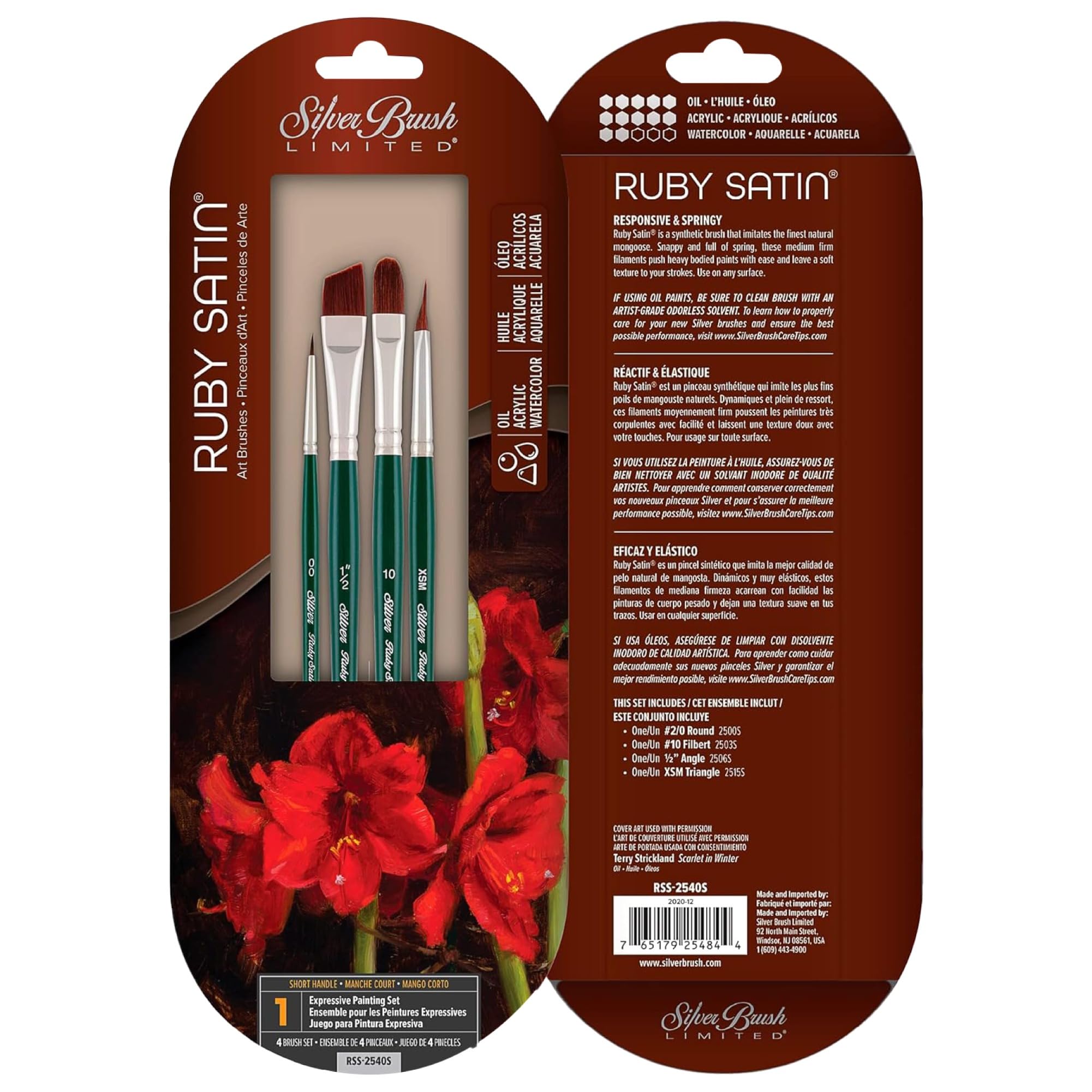Silver Brush Limited RSS-2540S Ruby Satin Expressive Painting Set, 4pc Professional Paint Brush Set, Synthetic Filament Acrylic and Oil Paint Brushes, Round, Triangle, Filbert, Angle, Short Handle