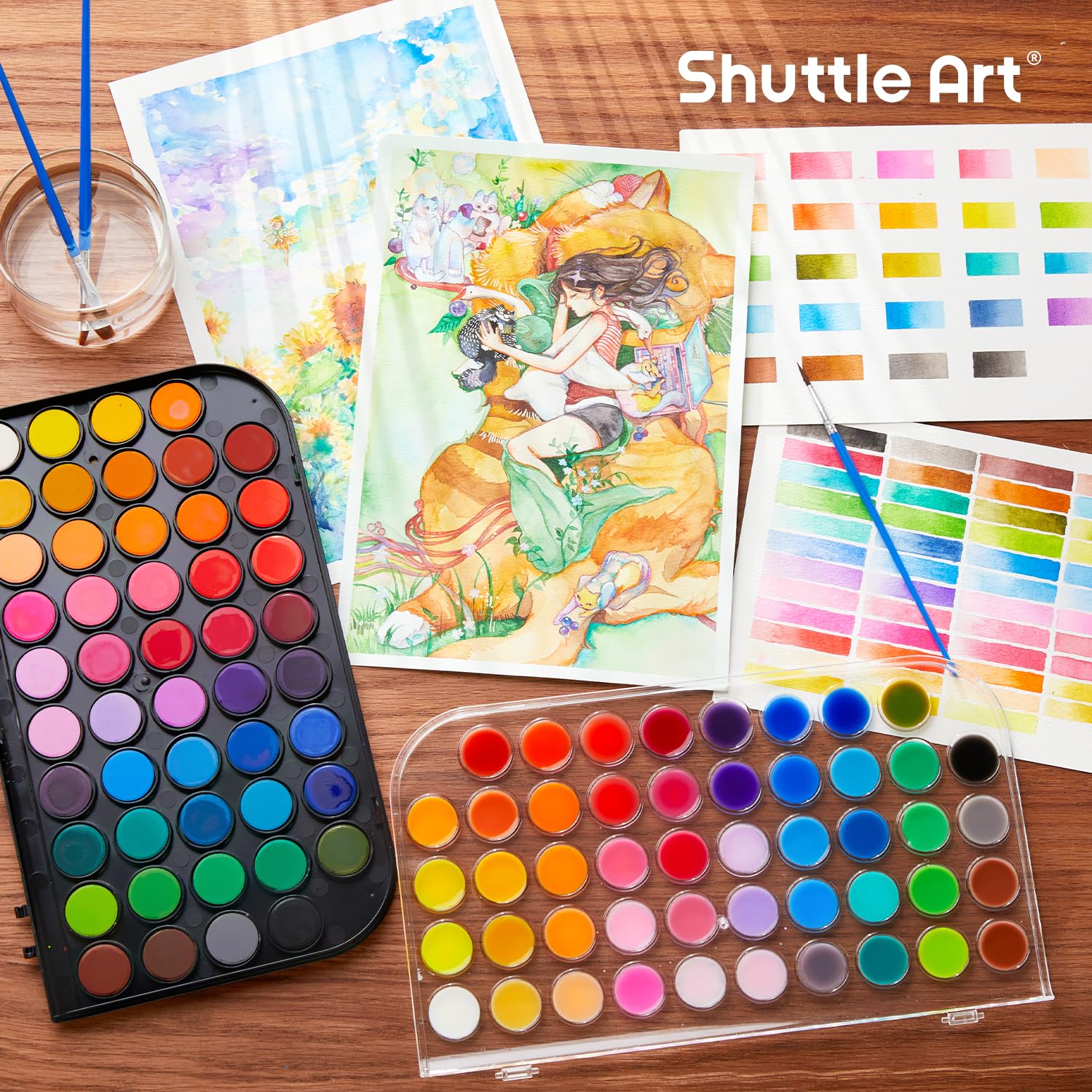 Shuttle Art 58 Pack Watercolor Paint Set, 48 Colors Watercolor Pan with 10 Paint Brushes for Beginners, Artists, Kids & Adults to Water Color Paint, Bullet Journal, Calligraphy Practice