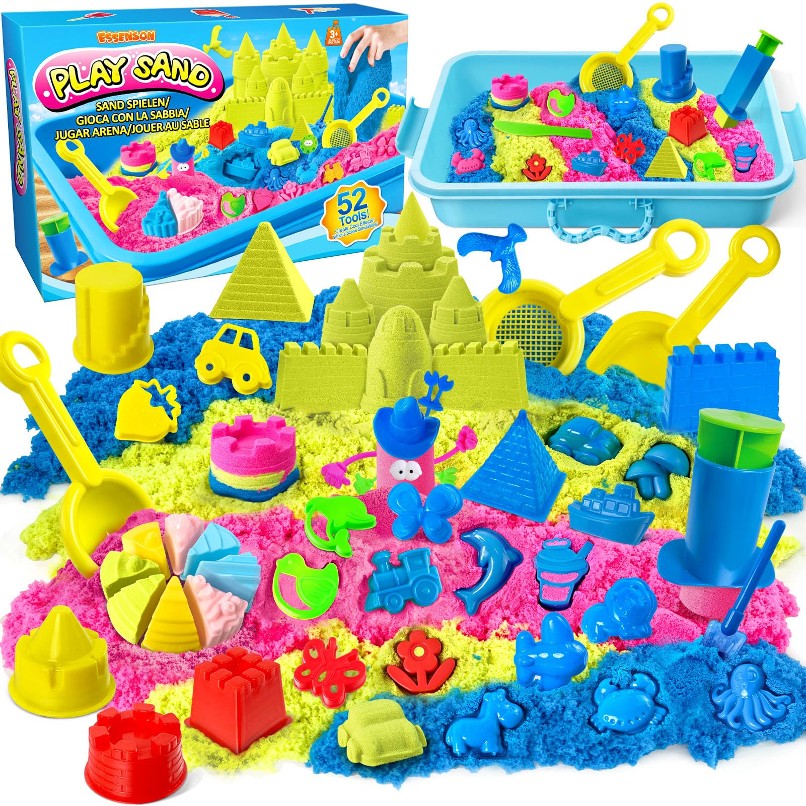 Photo 1 of ESSENSON Sensory Bin - 52 PCS Play Sand Kit with 3lbs Magical Sand, Beach Toys Castle Molds Sand Molds, Sensory Toy Sandbox, Kids Gifts for Girls and Boys