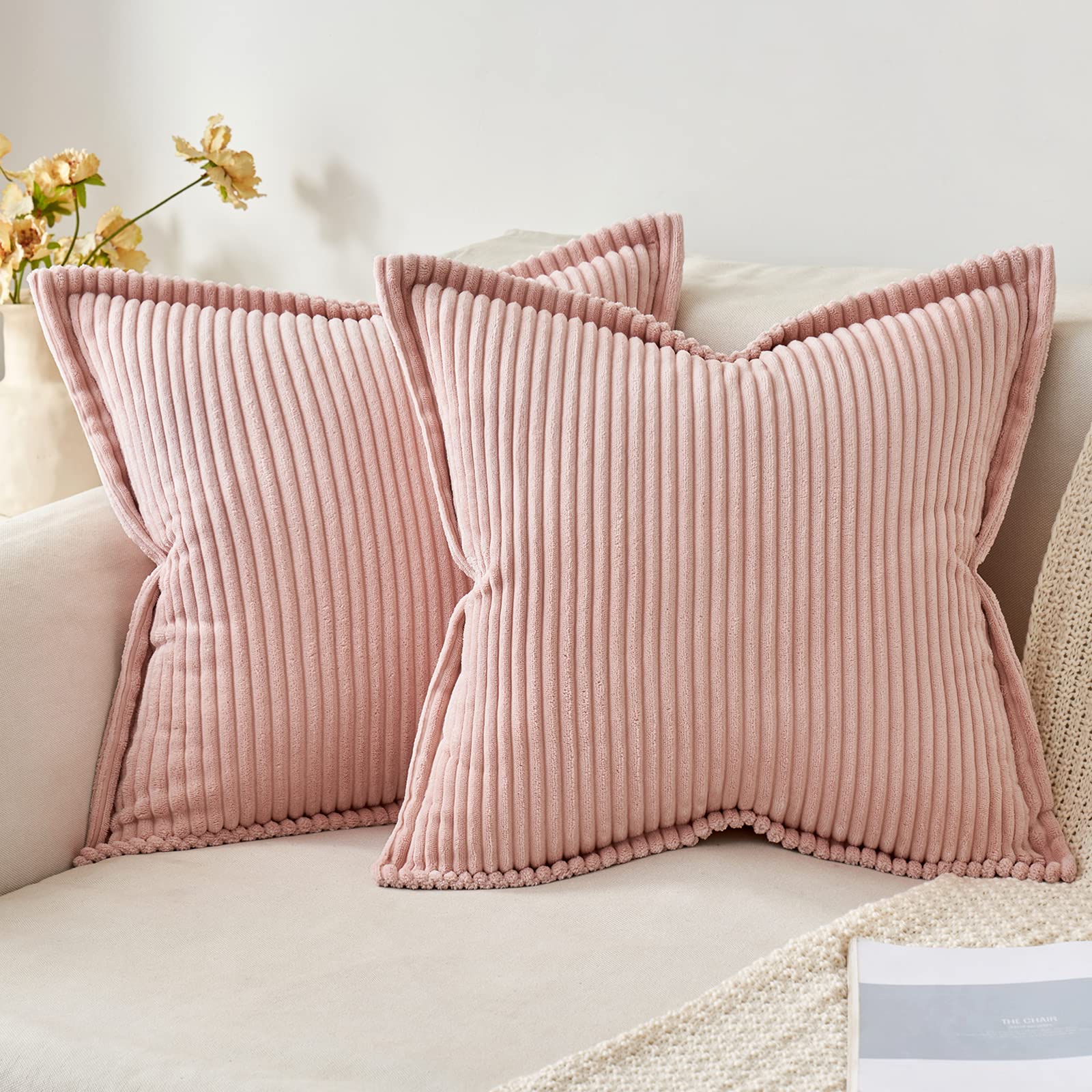MIULEE Corduroy Cushion Covers Soft Decorative Square Throw Pillow Covers for Spring Cushion Soft Pillowcase Striped Corduroy Cushion Covers Pack of 2 for Home decor Sofa 40x40cm, Pink