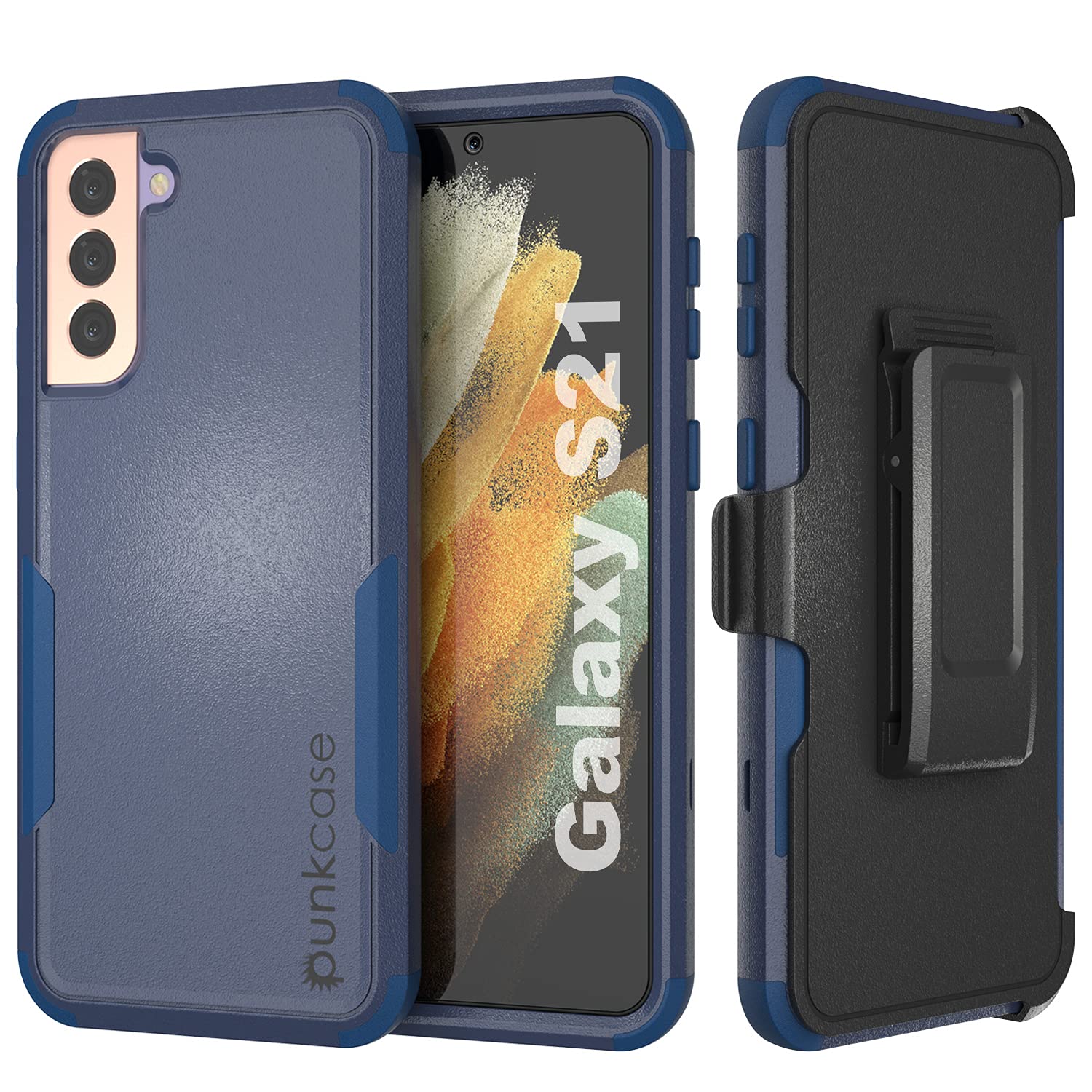 Punkcase Galaxy S21 Belt Clip Holster Case [Patron Series] 4-1 Rugged & Protective Multilayer Phone Cover W/Integrated Kickstand for Galaxy S21 5G (6.2") (2021) [Navy]