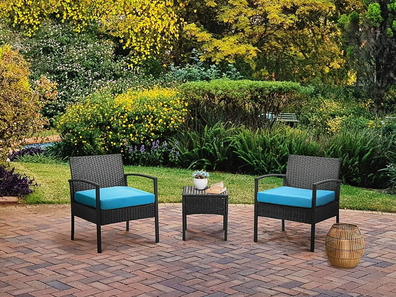 Leasbar Outdoor Chairs Set Bistro Set 3 Pieces Patio Conversation Set Furniture Set for Small Balcony Rattan Chairs and Table with Cushions Blue: Garden & Outdoor