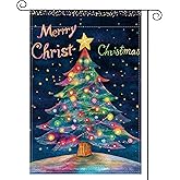 Watercolor Merry Christmas Trees Garden Flag 12x18 Inch Double Sided,Christmas Trees Winter Garden Flags for Outside, Christmas Xmas Gifts Decor Yard Flag for Outdoor Porch Lawn Holiday Decoration