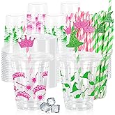 FYSUIMU 50Pcs 12Oz Magical Wizard Plastic Cups with Lids & Straws Green Witch Hat Pink Crown Disposable Clear Drinking Cups for Halloween Birthday Baby Shower Party Supplies