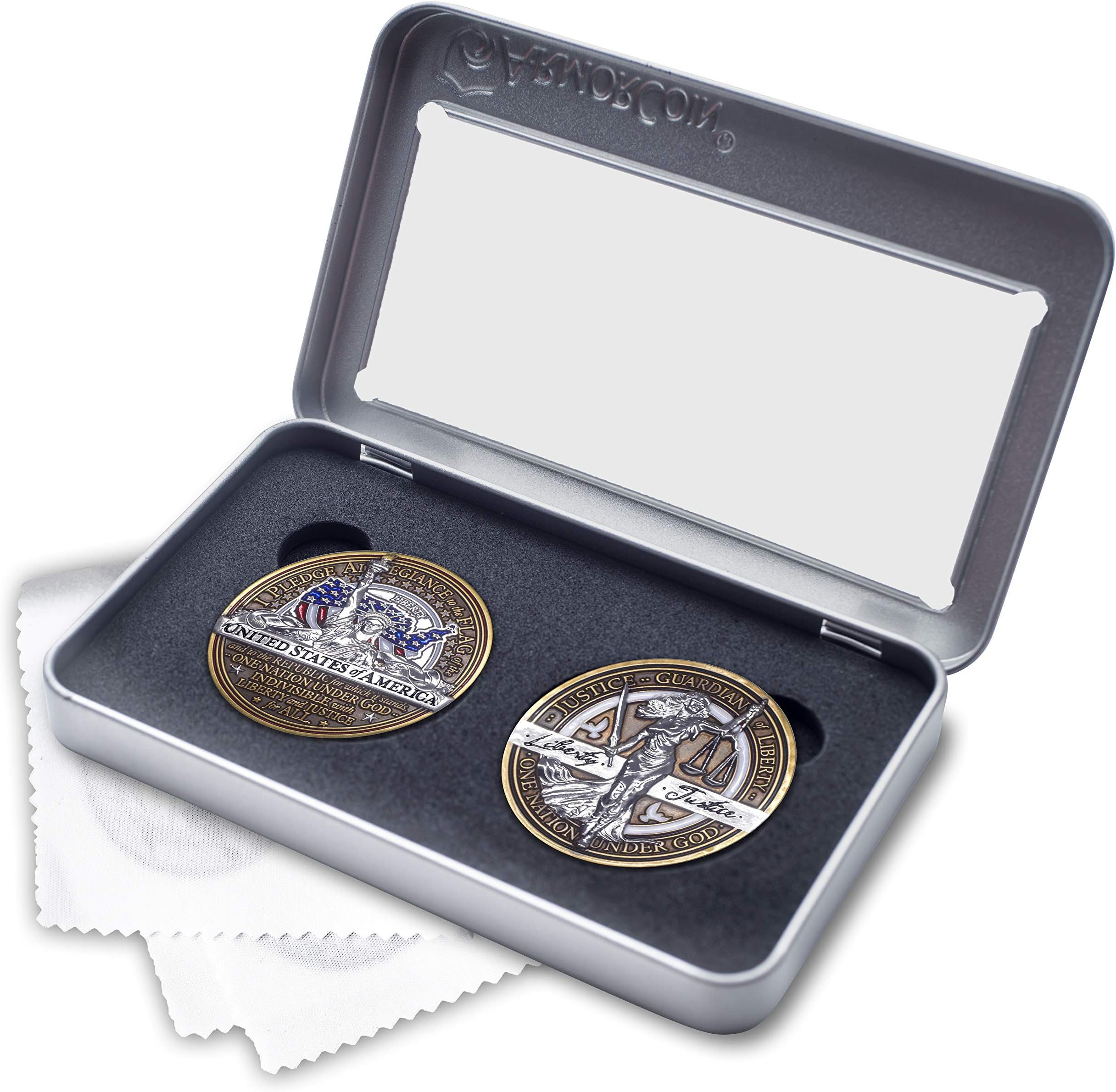 Pledge of Allegiance Challenge Coins in Presentation Box - 2 Challenge Coin Set with Bonus polishing Cloth