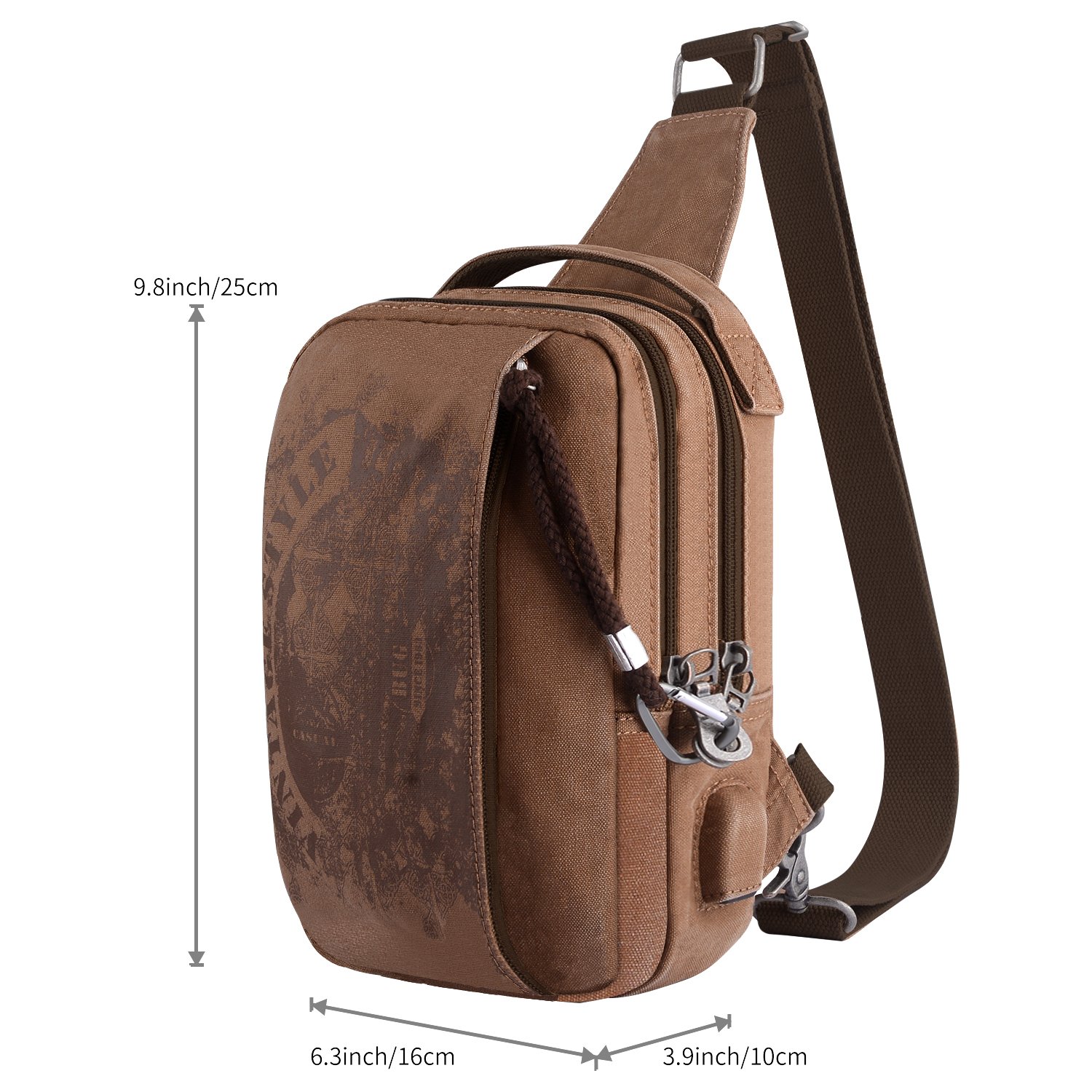 Sling Backpack Anti-Theft Canvas Bag One Strap Crossbody Shoulder Travel Sport Hiking Daypacks for Men Women USB Charging Port(Khaki)