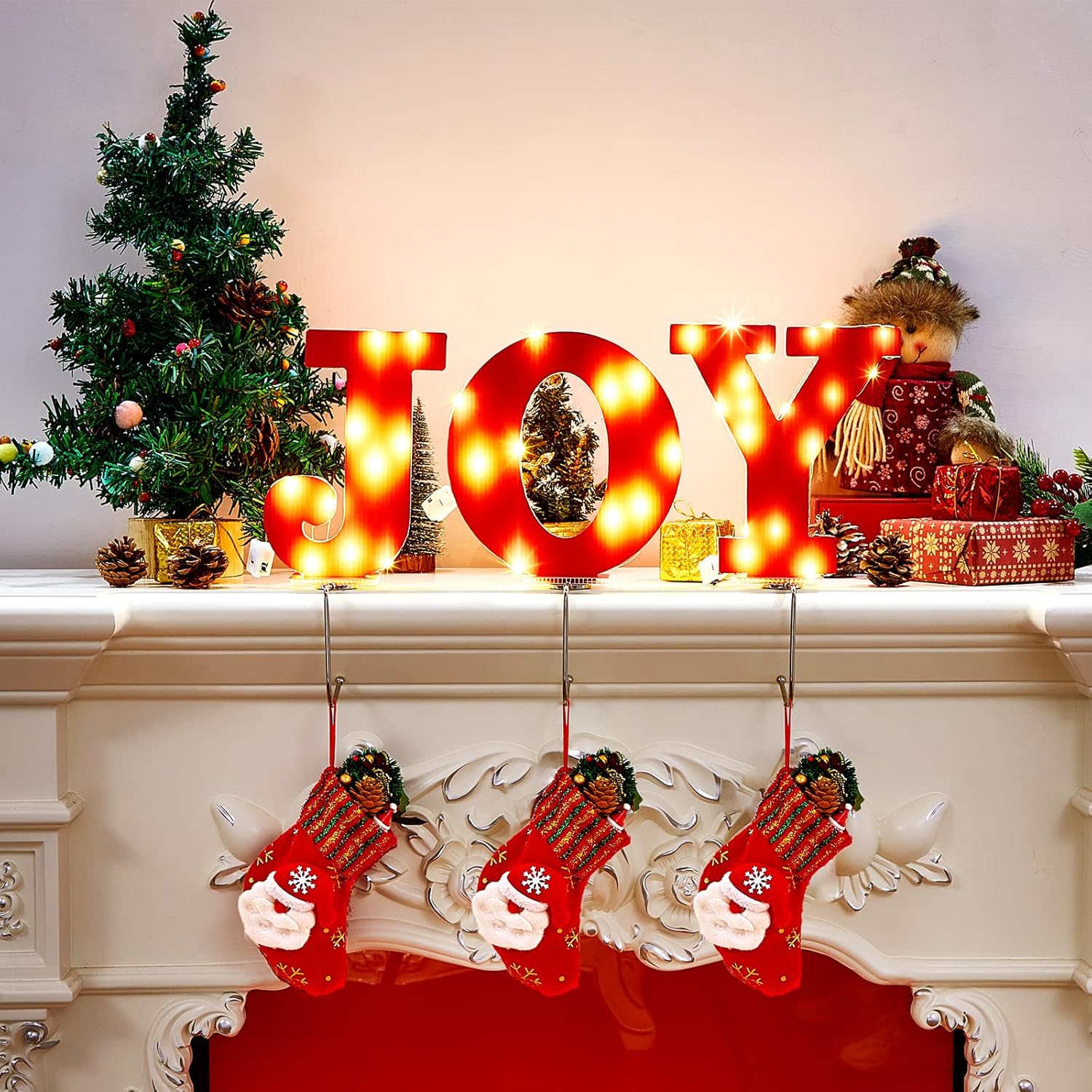 Ornament Hooks - Amylove LED Christmas Stocking Holders for Mantle, 7.87 Inch Joy Mantel Stocking Hangers Metal Hooks LED Stocking Hangers Decorative for Fireplace Christmas Xmas Party Decoration