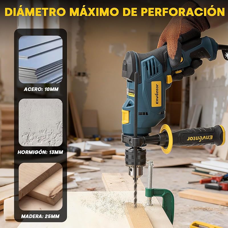 Taladro Percutor con Cable 750W, Mango Auxiliar de 360°