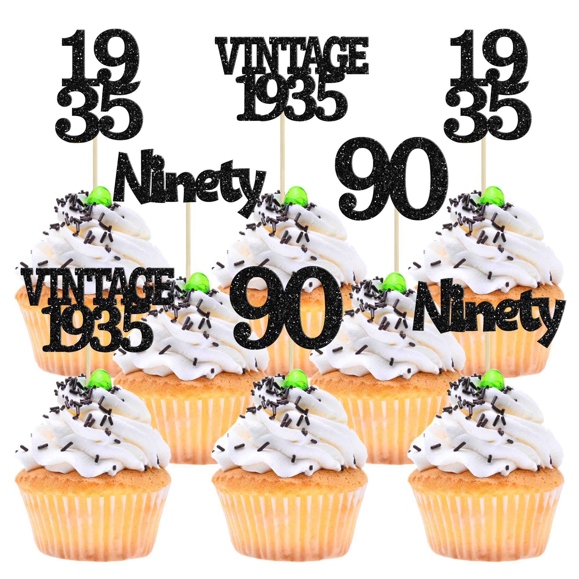Gyufise 24Pcs Vintage 1935 Cupcake Toppers Glitter Cheers to 90 Fabulous Ninety Cupcake Picks 90th Birthday Wedding Anniversary Party Cake Decorations Supplies Black