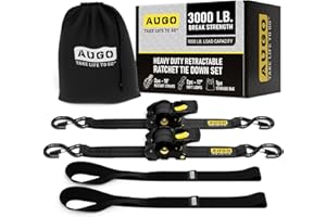 AUGO Retractable Ratchet Straps | 2 Heavy Duty Ratchet Straps Self Retractable Tie Down Straps with Soft Loops & Storage Bag for Motorcycle, Truck, Trailer, Cargo Van | 3000 Lb Break Strength 2” x 10’