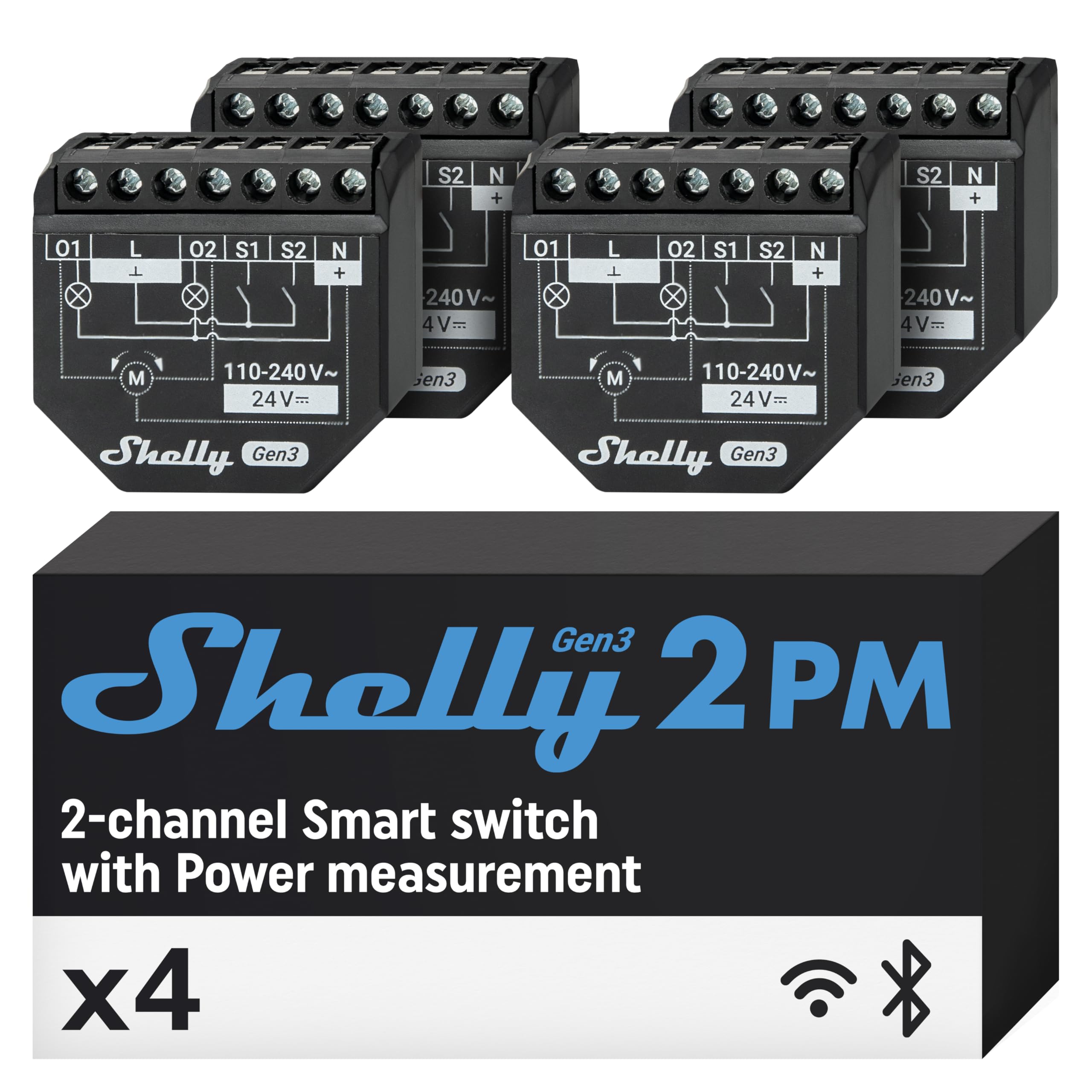 Shelly 2PM Gen3 - WLAN Smart Relais Schalter, Rolladenschalter, Stromzähler, 2 Kanäle, 16A, Lichtschalter, Smart Home, Zeitschaltuhr, Alexa & Google Home, Kein Hub Erforderlich (4 Stück)