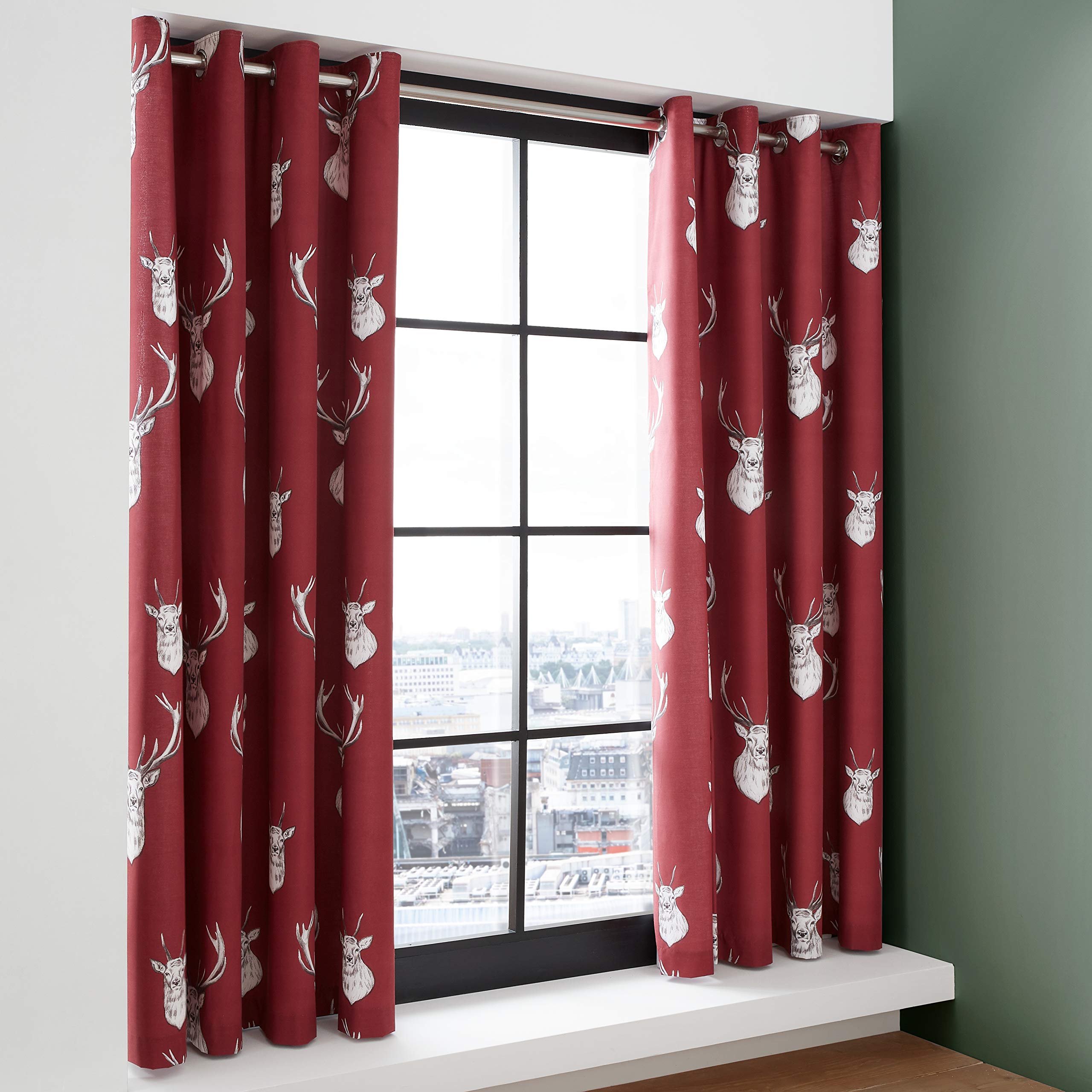 Catherine Lansfield Munro Stag Check 66x72 Inch Lined Eyelet Curtains Two Panels Red