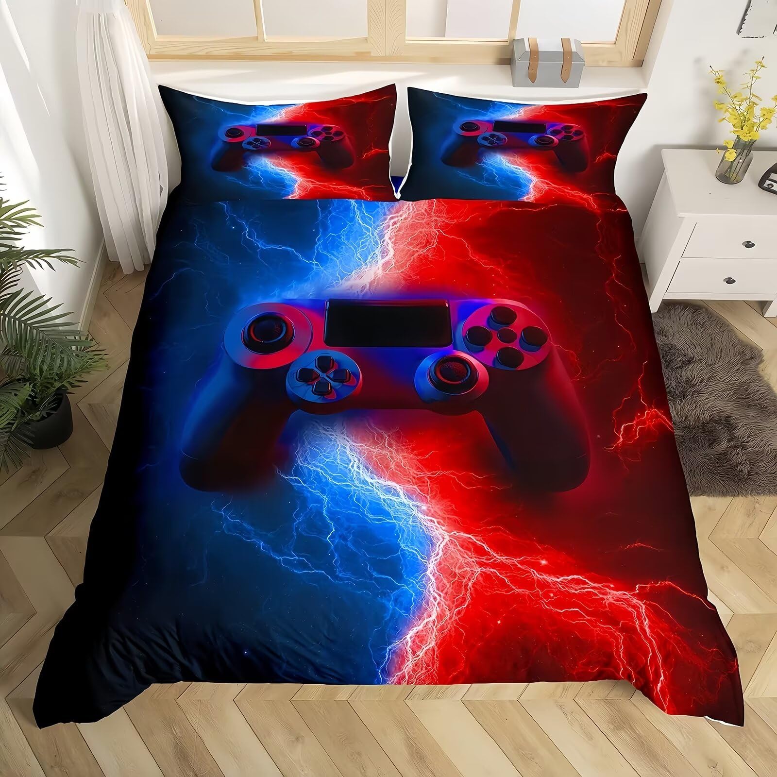 Tabeskly Boy Red Blue Gaming Bedding Duvet Cover Set Double, Kids Gamepad Gamer Soft Zipper Childrens Full Bed 3 Piece Quilt Covers and Pillowcases 200×200cm