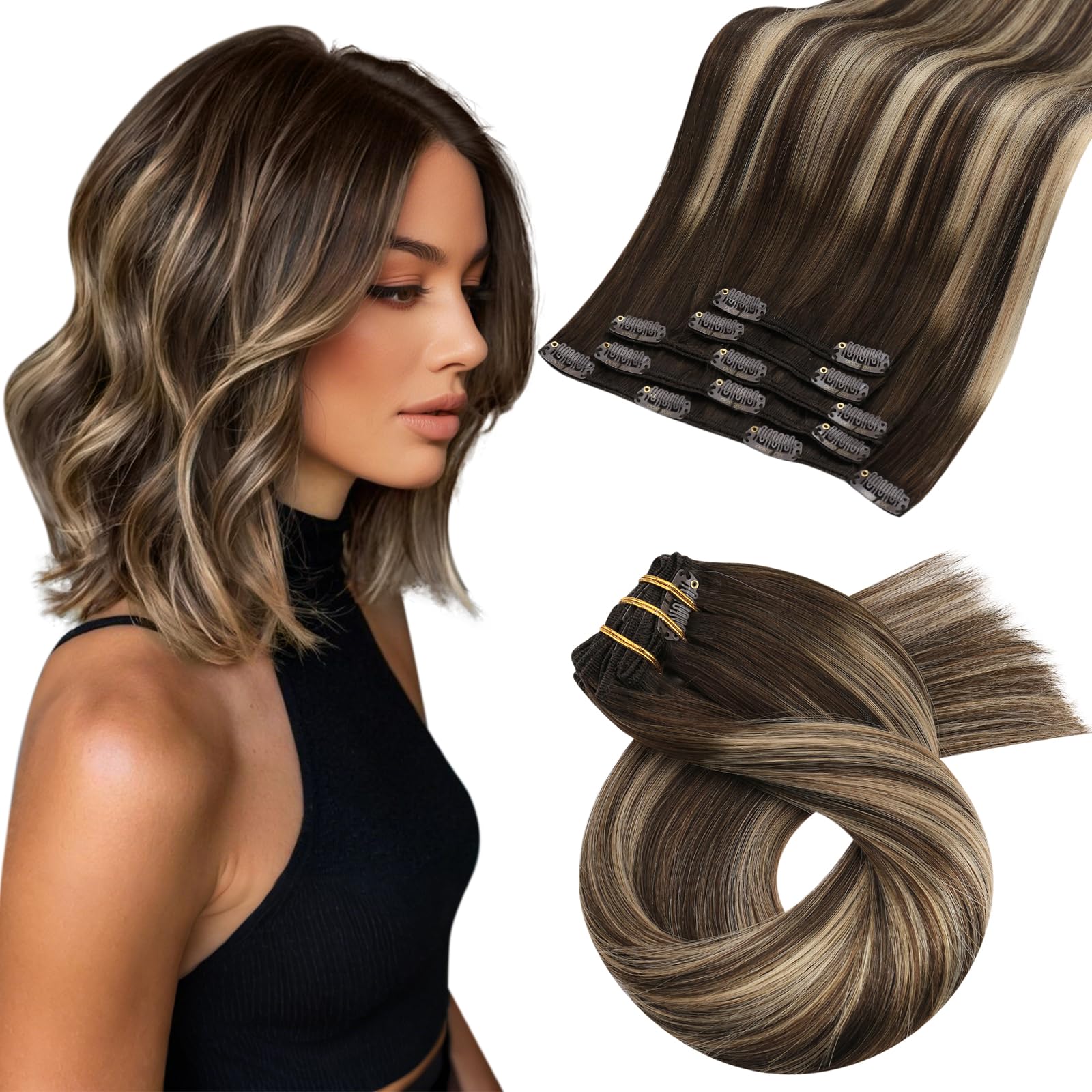 Moresoo Clip in Real Hair Balayage Extensions Dark Brown with Caramel Blonde Ombre Human Hair Extensions 10 Inch 5 Pcs/80g #4/27/4 โ image 1