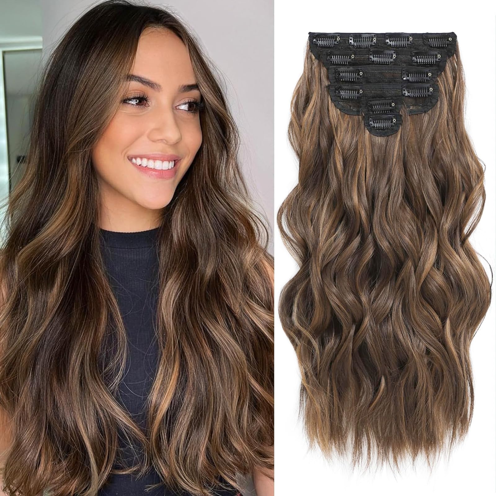 Photo 1 of Fliace Clip in Long Wavy Synthetic Hair Extensions 20 Inch Brown with Caramel Highlights 6PCS Thick Hairpieces Fiber Double Weft Hair for Women
