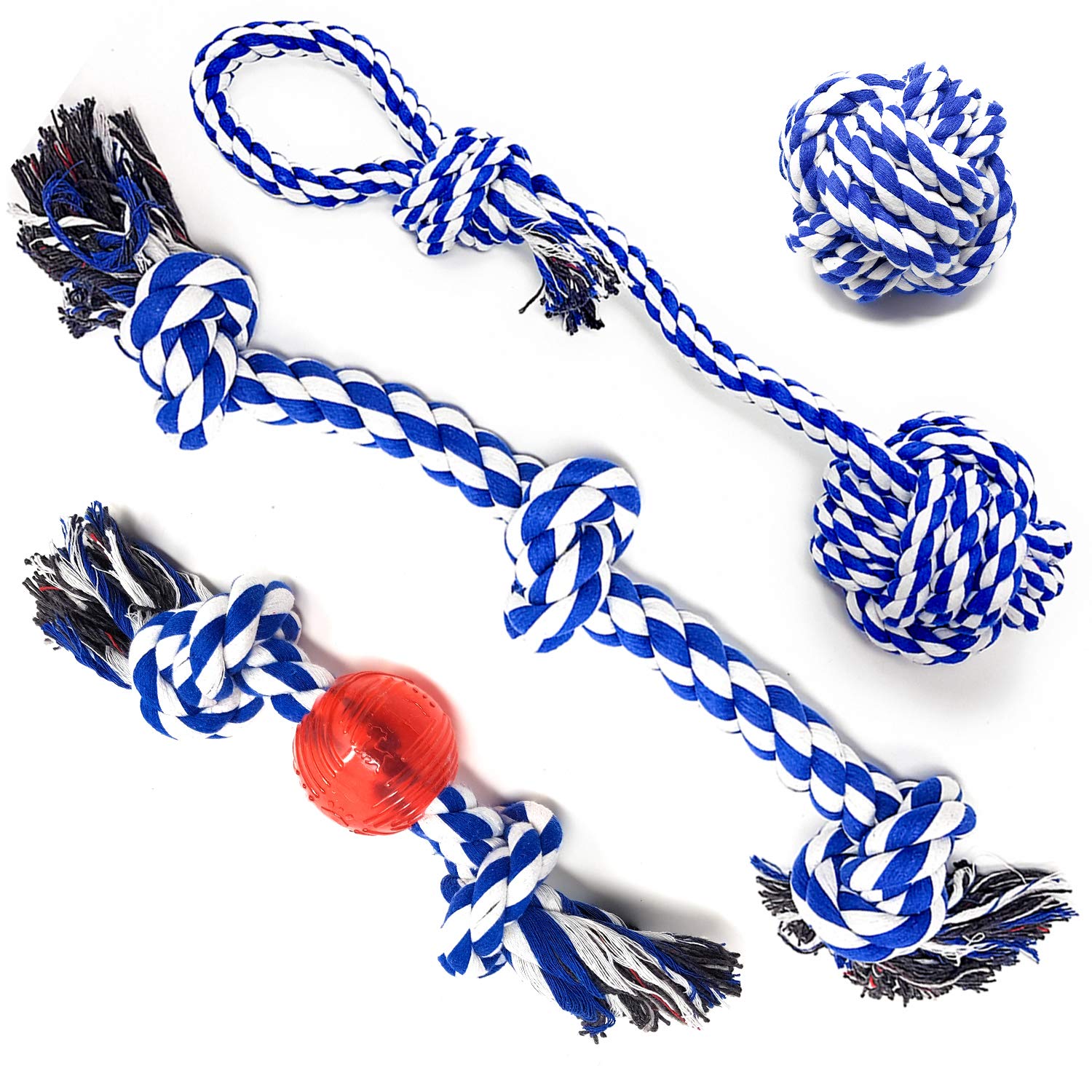 4LegsFriend Rope Toys for Large Dogs & Puppies 4-Pack – Natural Cotton Rubber Tug-of-War Toy Set – Tough Dog Toys for Aggressive Chewers Improve Dental Hygiene – Machine-Washable Dog Rope Toy Ropes