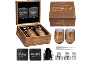 AW BRIDAL Mr and Mrs Gifts Romantic Wedding Gifts,Engagement Gifts,Valentine's Day Bridal Shower Gifts for Her - Wine Tumblers Wine Ice Cubes with Engraved Wooden Keepsake Box