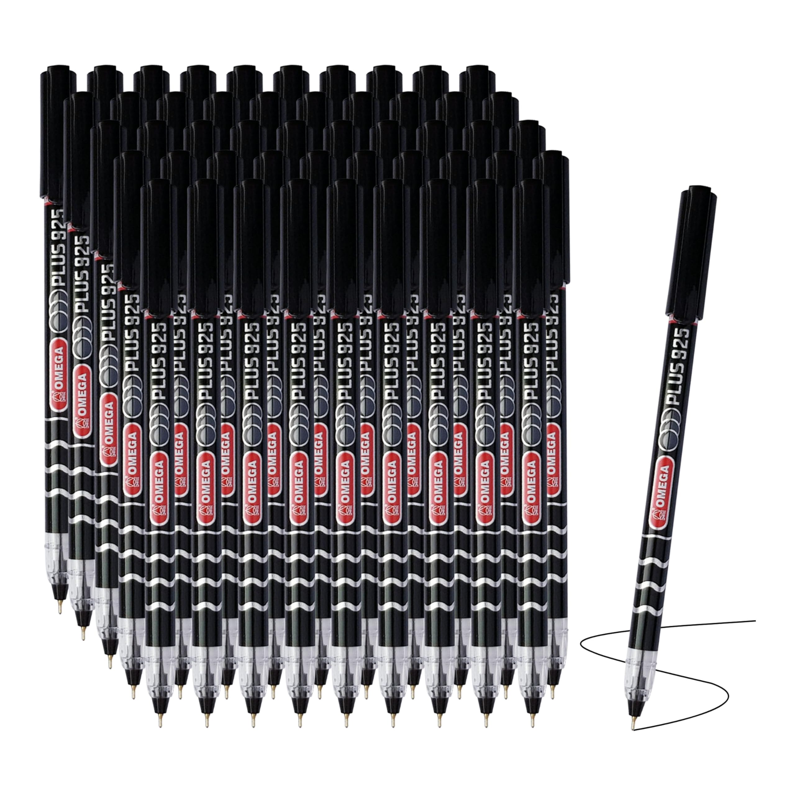 OMEGA Plus 925 Ballpoint Pens, BLACK, Fine Point (0.7 mm), Pack of 50, Smooth Ball Pens, Multipack, Perfect for School Office Home Everyday Use