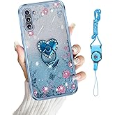 for Samsung Galaxy Note 10 Case Soft TPU Luxury Plating Cute Bling Clear for Women Magnetic Shockproof with Ring Kickstand [Glitter Card & Wrist Strap] Protection Cover for Note 10 (Sierra Blue)