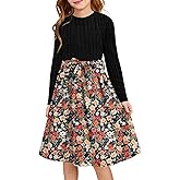 YOVION Girls Fall Long Sleeve Dress Floral A-Line Swing Holiday Casual Knit Dresses with Belt for 6-12 Years