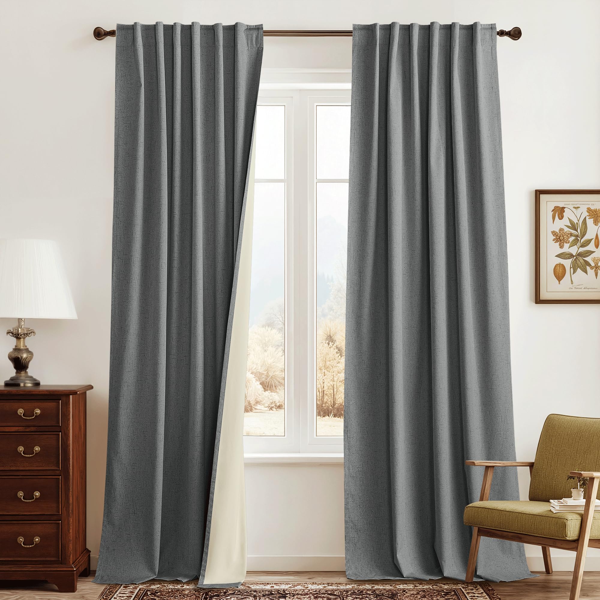 RYB HOME Grey Linen Blackout Curtains for Sliding Glass Door, 100% Blackout Linen Textured Thermal Privacy Modern Drape Panels for Dining Room Large Window, 52" W x 108" L, 2 Panels Set Image