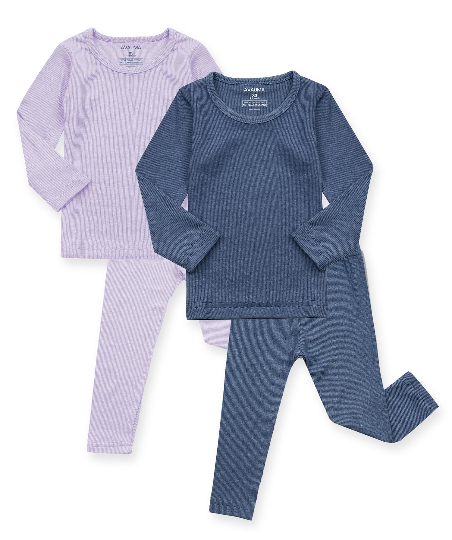 AVAUMA Toddler Pajamas 6M-10Y Baby Boys Girls Pjs Set Kids Snug fit Ribbed Sleepwear For Daily Life Style (Blue, Light Purple 2T) (2Pack-Long) Image