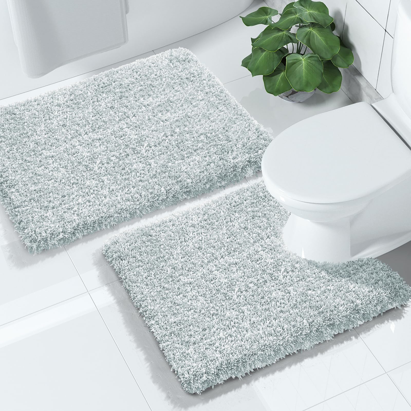 Photo 1 of Yimobra Bathroom Rugs Sets 2 Piece, Soft Absorbent Bath Mat and U-Shaped Toilet Rug with Non Slip Backing, Machine Washable, Plush Bath Mats for Bathroom, 24"x17"+24"x20", Sky Light Blue & White