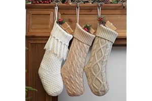 steo spce 3 Pack Neutral Farmhouse Christmas Stockings – Large 18” Rustic Boho Vintage Cable Knit Holiday Stockings in White Beige Apricot Tones for Fireplace Mantel Hanging Family Décor