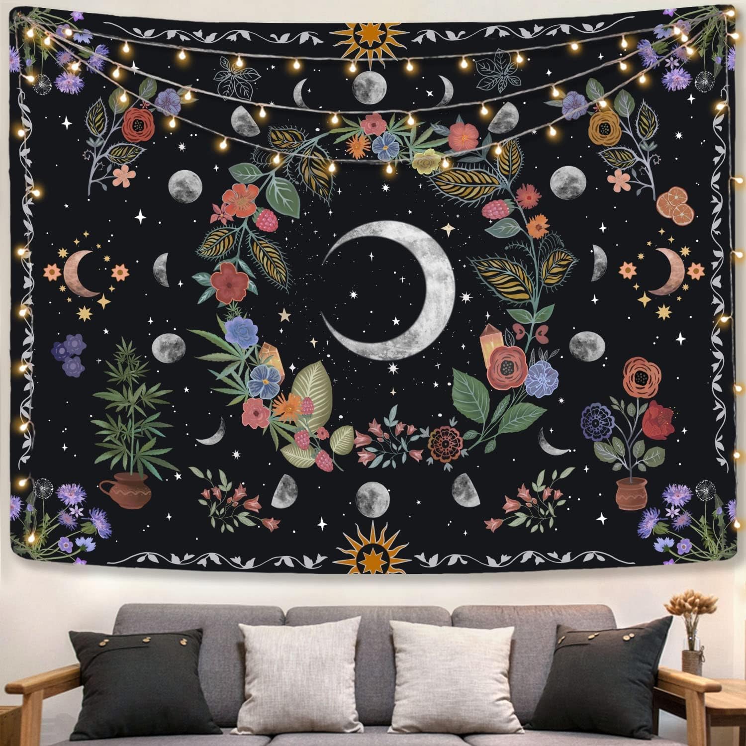 Tapestries - Kanuyee Plant Tapestry Moon Phase Tapestry Wall Hanging Bohemian Mandala Tapestry Aesthetic Bedroom Decor Hippie Room Decor For Bedroom Aesthetic (50