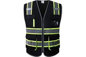 JKSafety 9 Pockets High Visibility Safety Vest for Men and Women Zipper Front with Hi-Vis Reflective Strips Meets ANSI/ISEA Standards (130-Black, XX-Large)