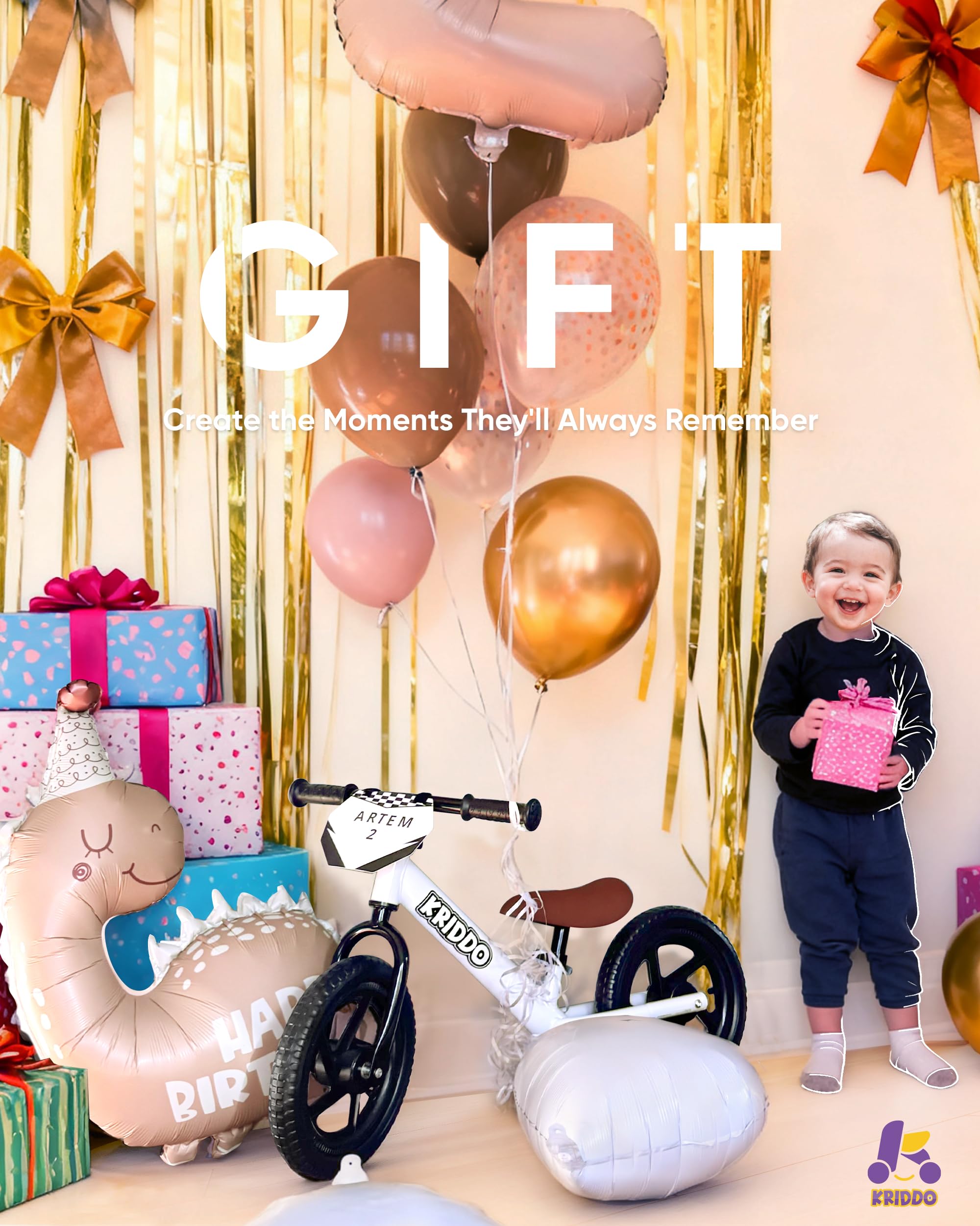 KRIDDO Balance Bike 2 Year Old, Toddler Toys for 2-3 Year Old Boys & Girls, 12 Inch Toddler Bike with Custom Name Plate & 3 Sticker Sets, Gift for Early Riders, White