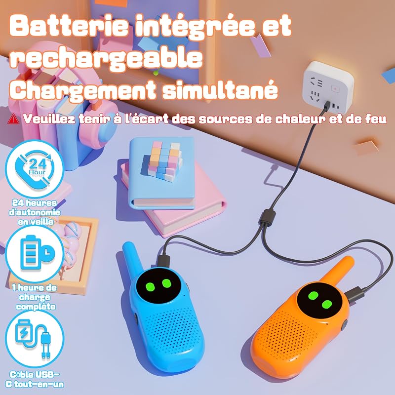 Talkie Walkie Enfants Rechargeable 2 pièces, NXGKET Cadeau Garcon Fille 3 4 5 6 7 8 9 10 Ans, Jouet Enfant 3-12 Ans,avec Batteries intégrées Câble USB-C,pour Camping Jeu d'Aventure Randoneé