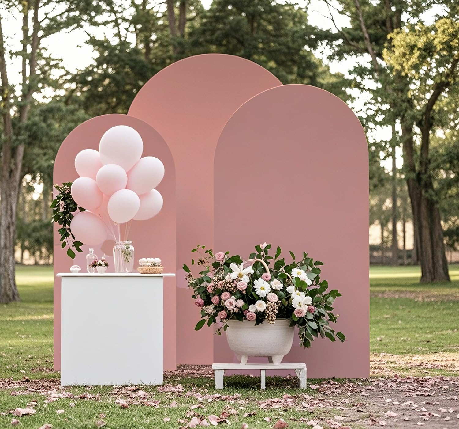 Photo 1 of SINSSOWL Dusty Rose Arch Backdrop Cover Set of 3 Wedding Spandex Arch Covers for Bridal Shower Birthday Party Gender Reveal Engagement Events Backdrop Decorations (6/6.6/7.2ft)