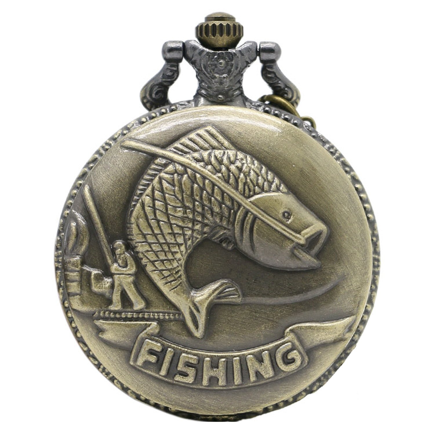 Designer Inspirations Boutique ® Fishing/Angling 3D Brushed Bronze Effect Antiqued/Vintage Case Men's Quartz Pocket Watch Necklace - On 32" Inch / 80cm Chain