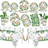 Capoda 170 Pcs Jungle Safari Baby Shower Tableware Animals Theme Party Supplies with 24 Guests Wild Animals Plates Napkins Cutlery Cups and 2 Pcs Safari Tablecloths for Baby Shower Birthday Party