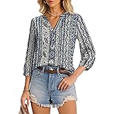LOMON Womens Tops Dressy 3/4 Length Sleeve Henley V Neck Button Down Shirts Pleated Blouses S-XXL
